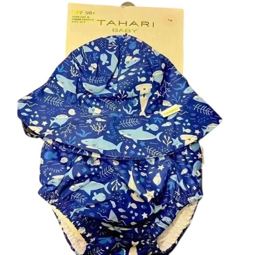 Tahari Baby UPF 50+ Ocean‎ Theme Sun Hat & Swim Diaper Set Marine Print D33